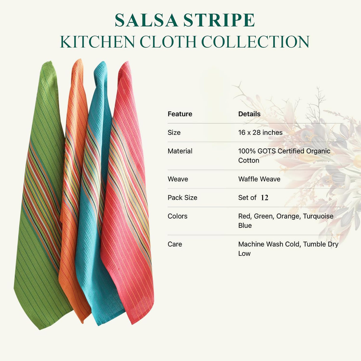 DG Collections Salsa Stripe Kitchen Dish Towels, 100% Cotton, Highly Absorbent, Multi Purpose Waffle Tea Towels for Cooking, Drying & Cleaning, 16x28 Inches, Pack of 12