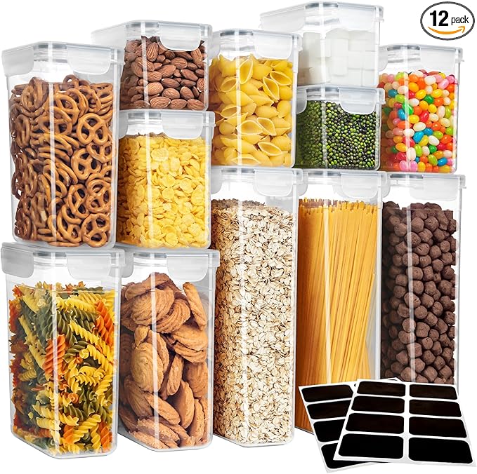 MR.SIGA 12 Pack Airtight Food Storage Container Set, BPA Free Kitchen Pantry Organization, Kitchen Canisters for Cereal, Spaghetti, includes 16 Reusable Sticker Labels