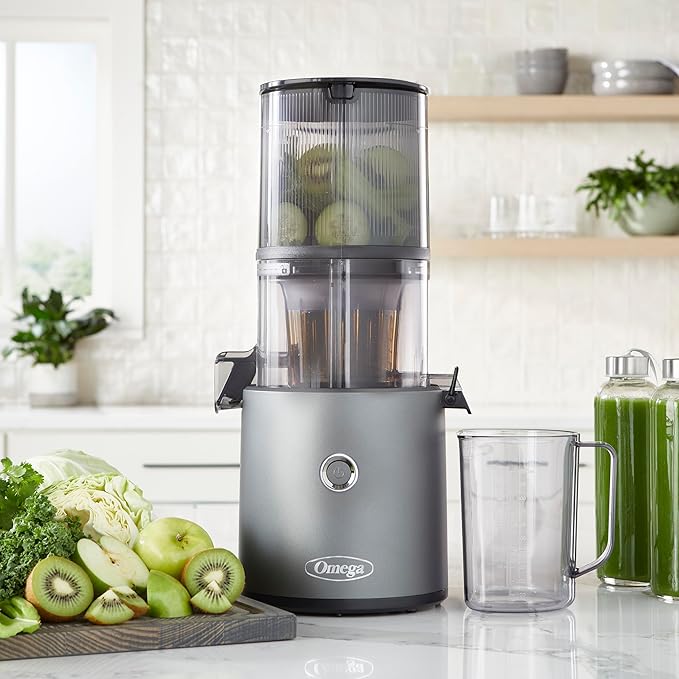 Omega Cold Press Juicer - Hands Free Vegetable and Fruit Masticating Juicer Machine with 68-oz. capacity, Extra Large Hopper for No-Prep and Whole Recipe Batch Juicing, Easy Clean, 150-Watts, Gray