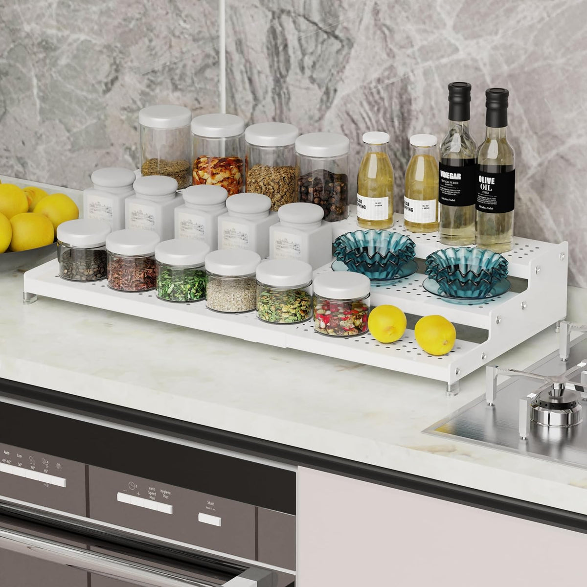 Expandable Spice Rack organizer with 3-Tier step shelf,Modern Design heavy duty,Non Skid and Visibility,Great for Kitchen Cabinet,Bathroom,dressing table,Cupboard, Pantry and more(1PACK/WHITE)