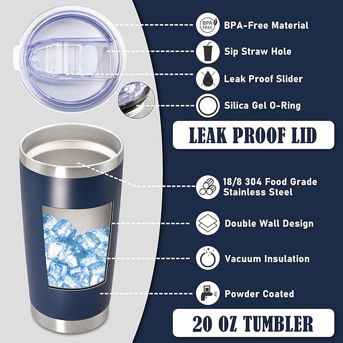 20 oz Tumbler Coffee Travel Tumblers Bulk with Lid Stainless Steel Double Wall Vacuum Insulated Mug Powder Coated Cups fit Car Cupholder for Hot and Cold - Navy, 12Pack