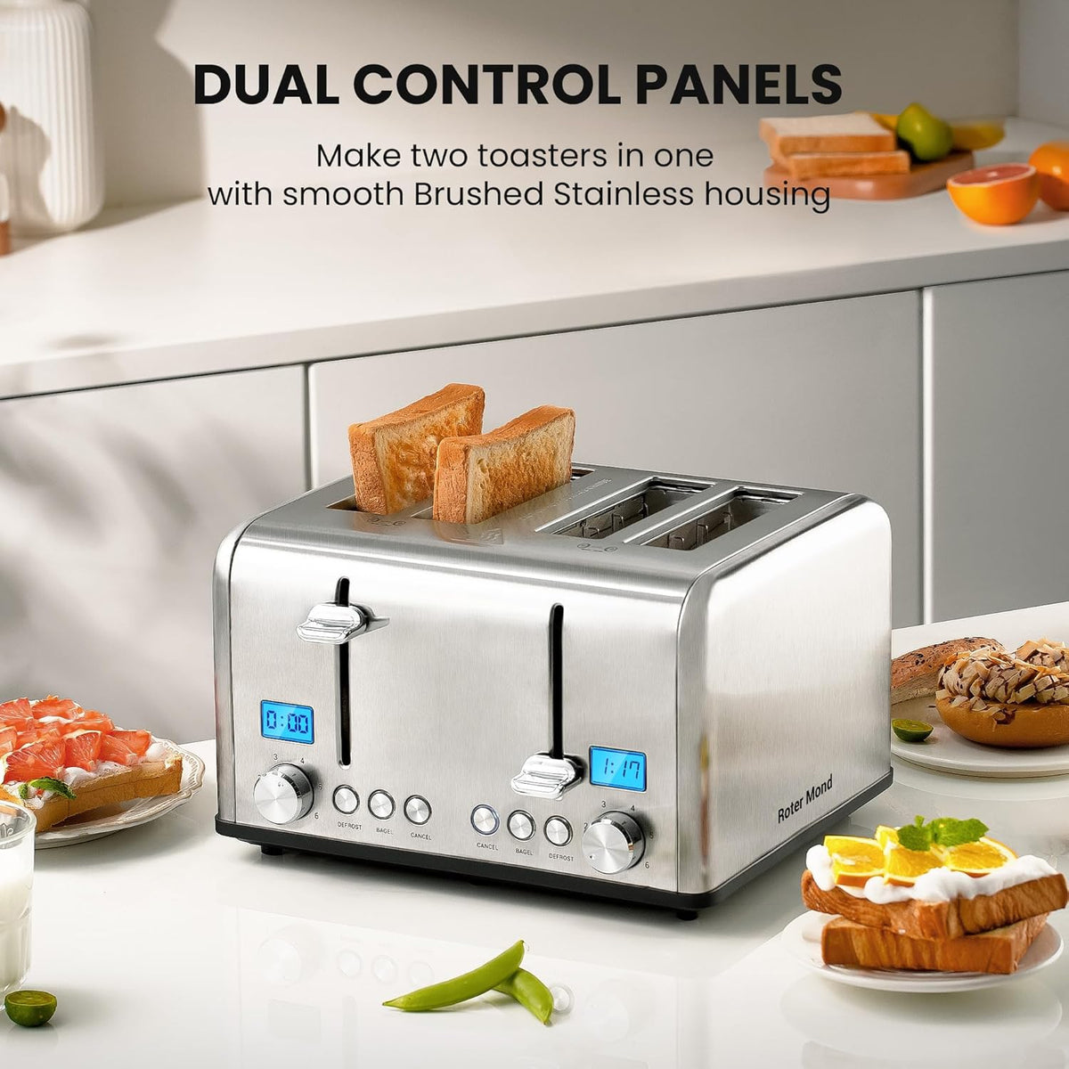 Countdown Stainless Steel 4 Slice Toaster with Bagel, Defrost, Cancel Function, Dual Toaster, Extra Wide Slots, 6 Shade Settings, Removable Crumb Trays, 1650W