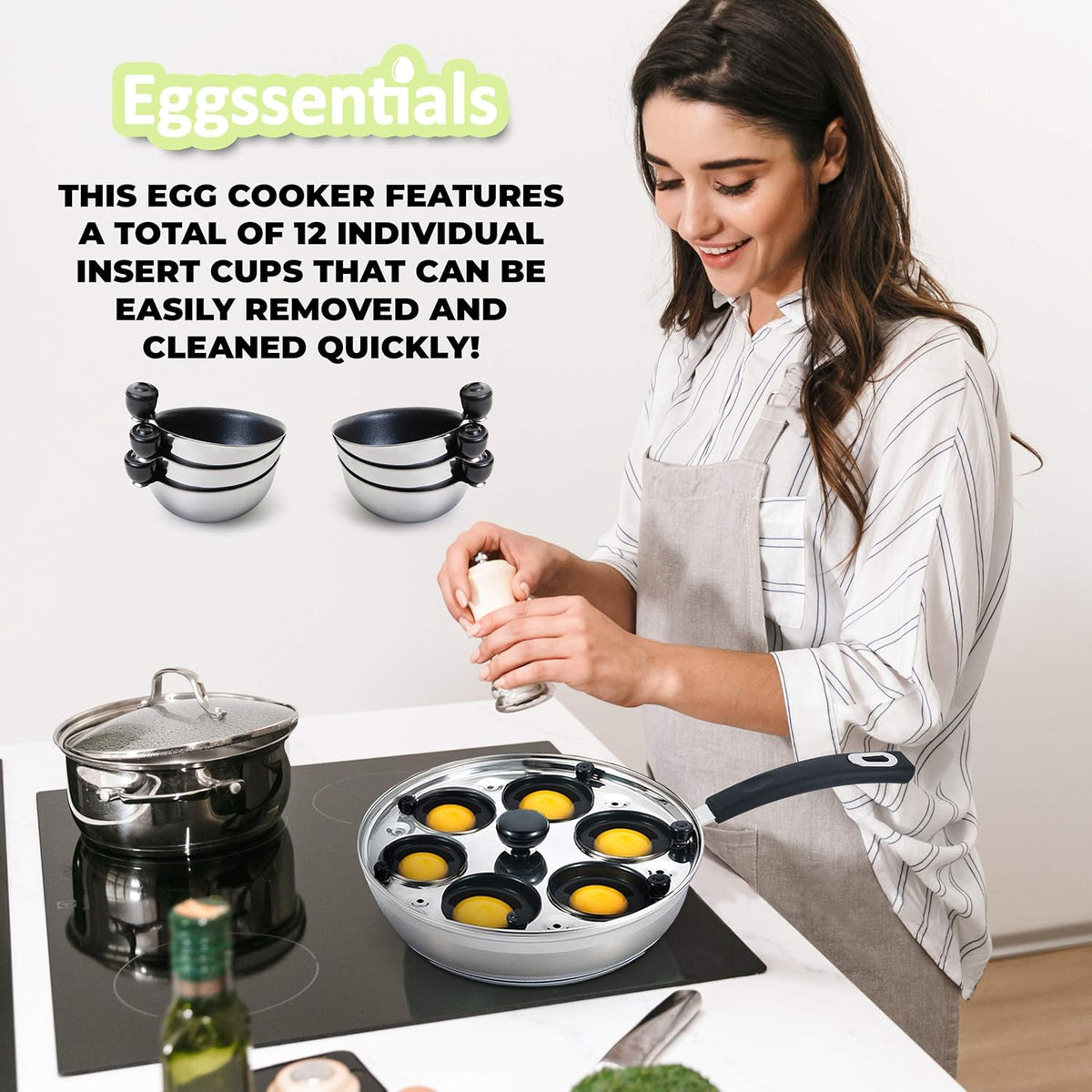 Eggssentials Poached Egg Maker Stainless Steel Egg Poacher Pan Food Grade Safe PFOA Free with Spatula