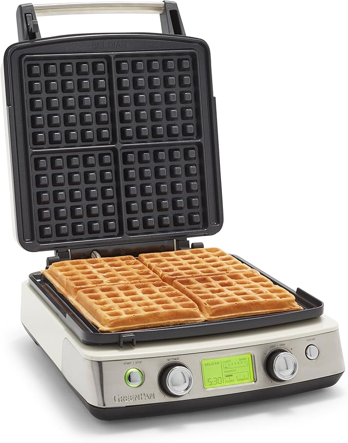 GreenPan Elite 4-Square Belgian & Classic Waffle Maker,Healthy Ceramic Nonstick Dishwasher Safe Plates, Adjustable Shade/Crunch Control, Wont Overflow, Easy Cleanup Breakfast, PFAS-Free, White