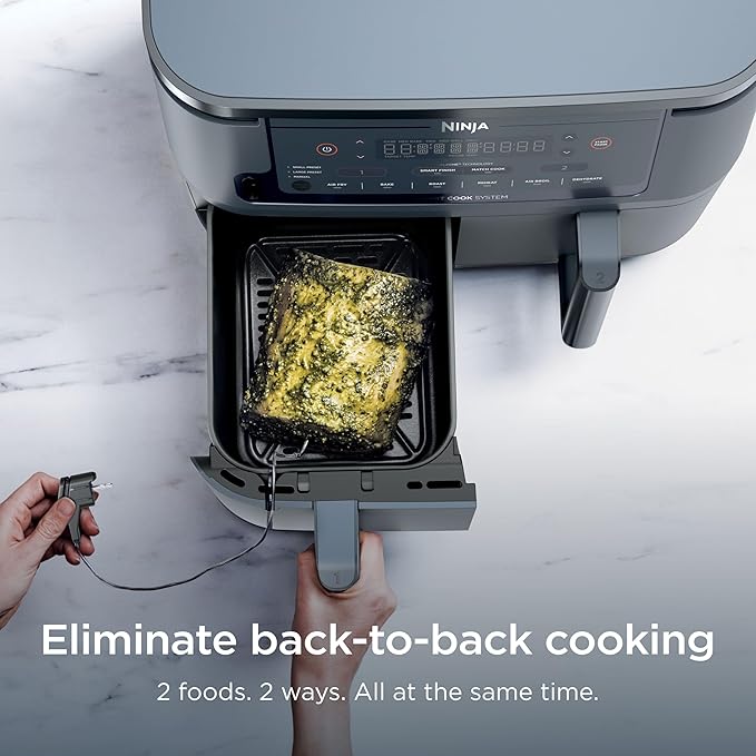 Ninja Air Fryer, Thermometer, Roast, Bake, Air Fry, Crisps, Broil, Reheats, Keep Warm, 10-in-1, Fries, Frozen Food, Veggies, and Meat, Quick Meals, Healthy Meals, Less Oil, 10 QT, GREY, DZ550GY
