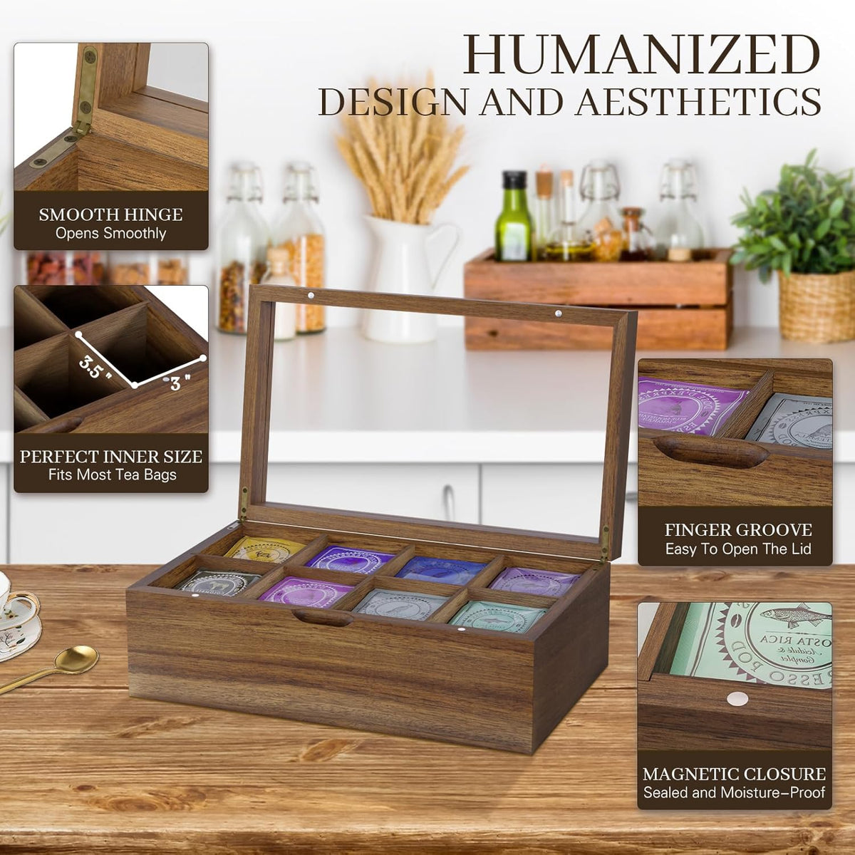 Acacia Wood Tea Bag Organizer, 8 Compartments Tea Box Organizer Storage Box, Teabag Holder Organizers with Clear Acrylic Window, Magnetic Lid and Removable Dividers