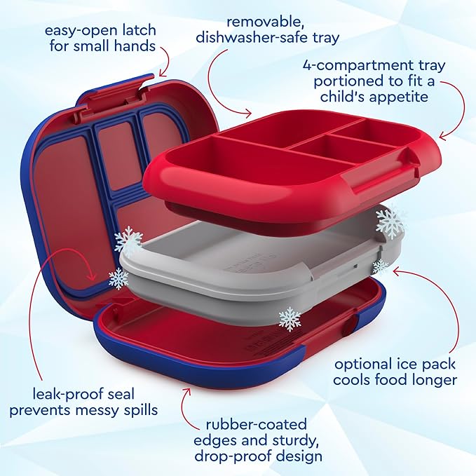 Bentgo Chill Kids Leak-Proof Lunch Box - 4-Compartment Bento Box with Built-In Ice Pack, 3.3 Cup Capacity, PFAS & BPA-Free, Microwave & Dishwasher Safe, Ideal Size for Ages 3 to 7 (Red/Royal)