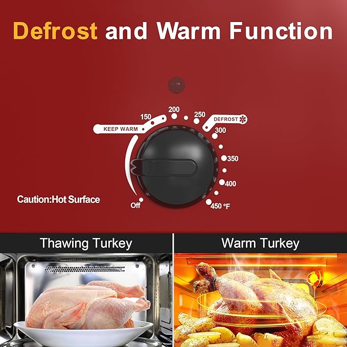 Sunvivi Roaster Oven, Electric Roaster Oven with Viewing Lid, 28lb 24-Quart Turkey Roaster with Unique Defrost/Warm Function, Large Roaster with Removable Pan & Rack, Stainless Steel, Red