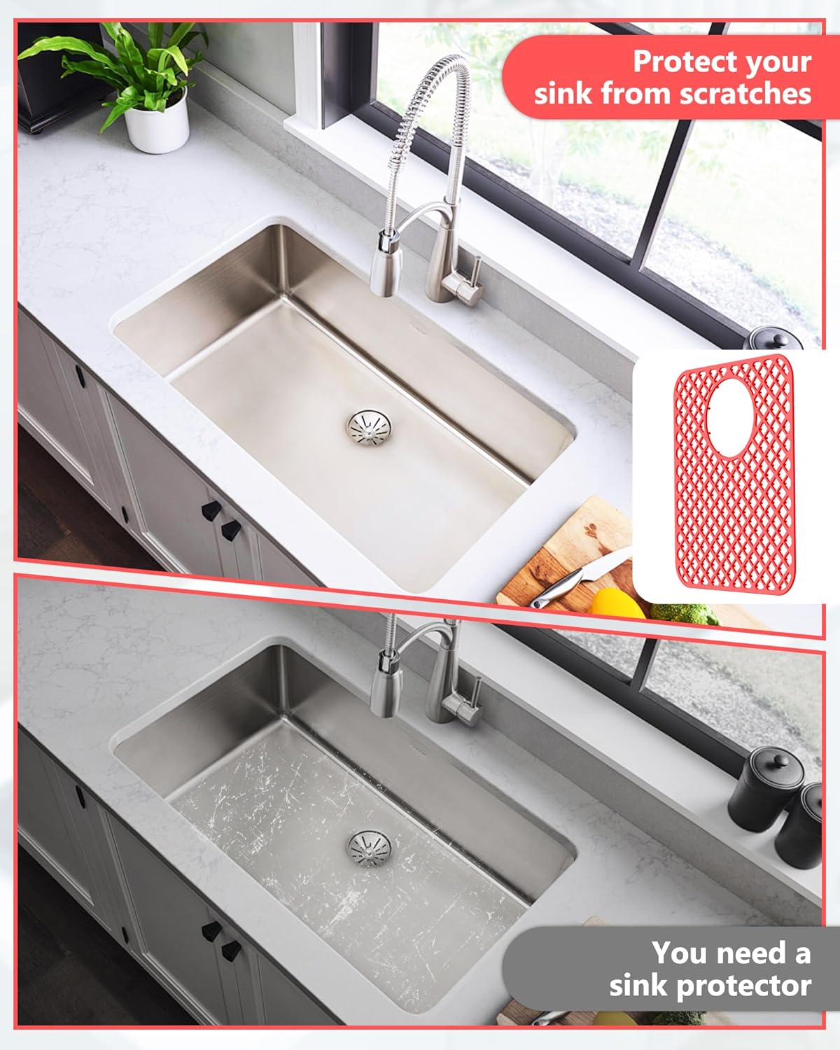 2 Pack Silicone Sink Protectors for Kitchen Sink, Lozenge Pattern 13 x 11 Inches Sink Mat, Non-Slip and Durable Sink Protector Silicone, Rear Drain, Red