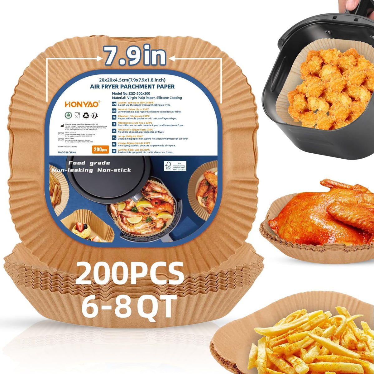 Air Fryer Paper Liners for 6-8 Qt Airfryer, 200pcs 7.9 x 7.9 inch XL Square Disposable Parchment Tray