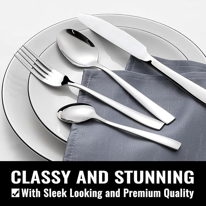 HIWARE 48-Piece Silverware Set with Steak Knives for 8, 18/8 Stainless Steel Flatware Cutlery Set For Home Kitchen Restaurant Hotel, Kitchen Utensils Set, Mirror Polished, Dishwasher Safe