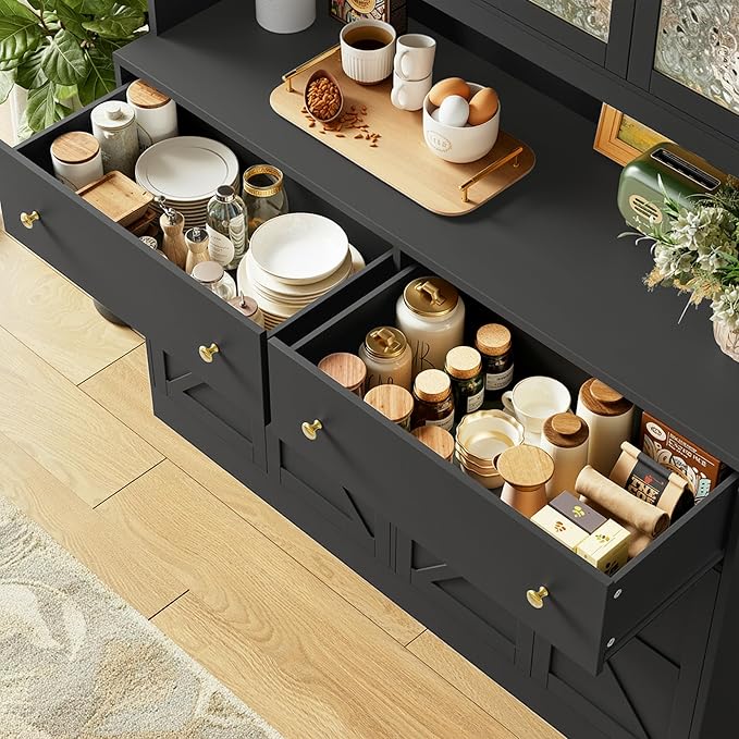 FINETONES 71" Pantry Cabinet with LED Light and Charging Station, Farmhouse Kitchen Pantry Cabinet with Microwave Stand, 47.2" Wide Kitchen Hutch Food Pantry with Open Countertop, Black