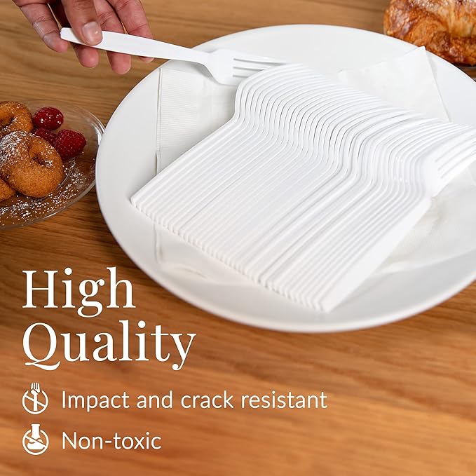 Prestee 100 White Plastic Forks Heavy-Duty, Heavyweight Plastic Silverware Forks, Fancy Plastic Cutlery, Elegant Disposable Forks Pack, Bulk Disposable Flatware, Christmas Holiday Plastic Utensils Set