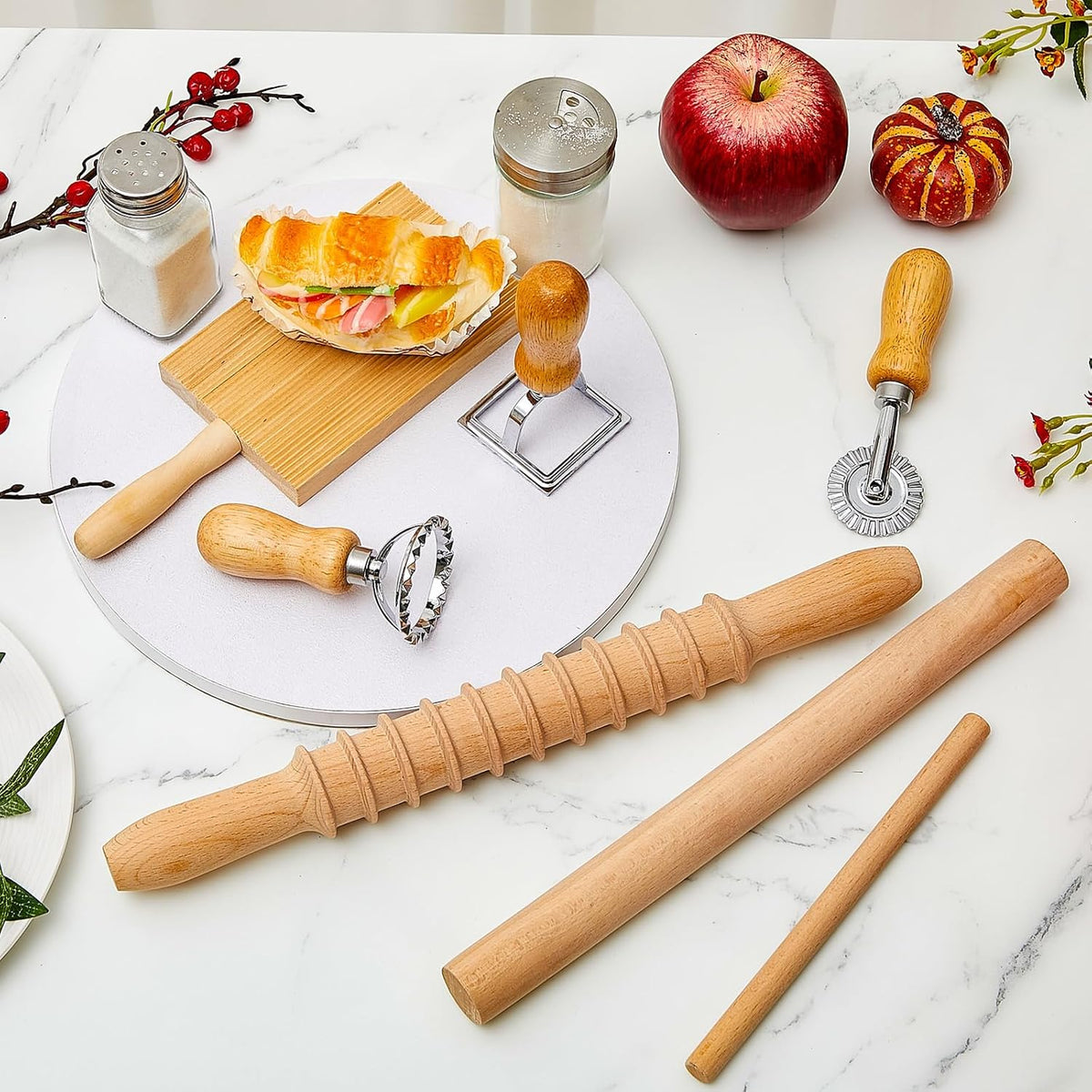 Tioncy 7 Pcs Gnocchi Pasta Making Tool, Wood Gnocchi Board with Ravioli Stamp and Rolling Pin Set Homemade Kitchen Gift for Baking Lovers(Pasta Style)
