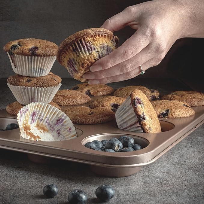 HAPPIELS Non Toxic Nonstick 12 Cup Muffin Pan | PFOA BPA free Nontoxic Cupcake Tin | Best Non Stick Muffin Pans | Muffin tins | Cupcakes Tray | Carbon Steel Bakeware Mold Trays