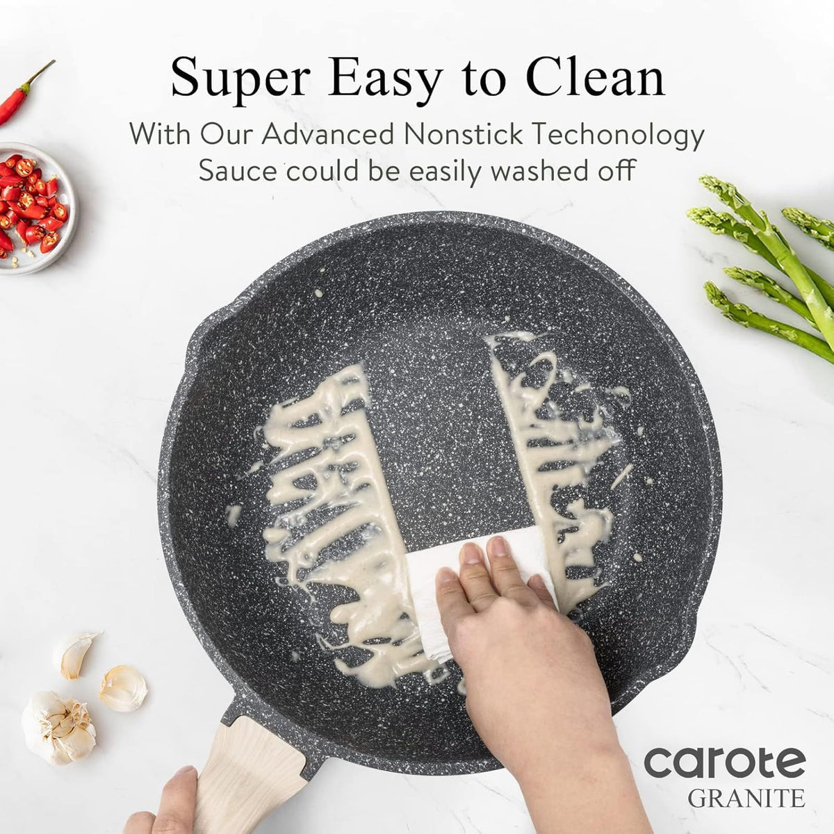 CAROTE 10Inch Nonstick Deep Frying Pan with Lid, 4.5 Qt Jumbo Cooker Saute Pan with Pour Spout, Skillet Induction Cookware, Non Stick Cooking Pan PFOA Free, Classic Granite