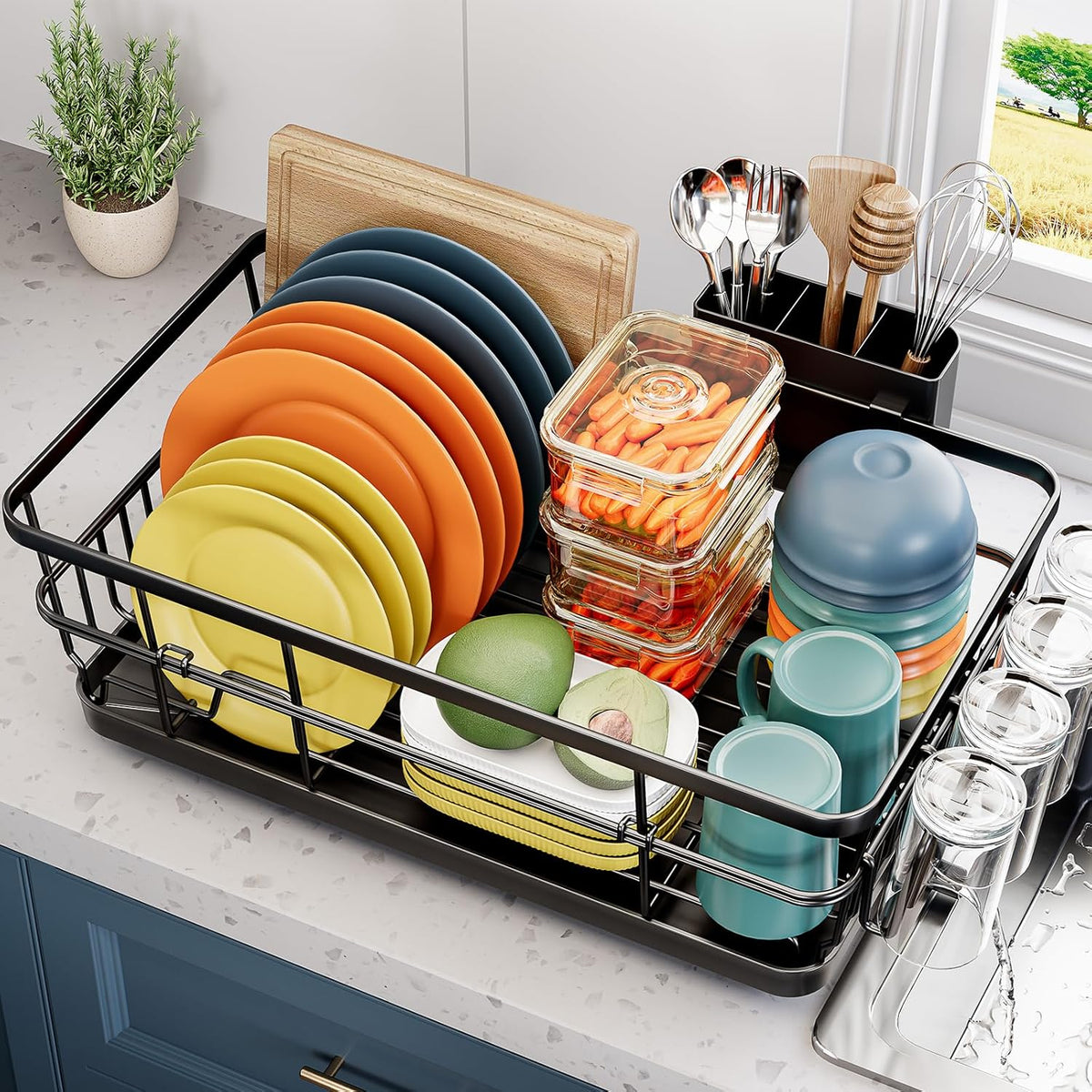 Dish Drying Rack for Kitchen Counter, Large Dish Racks with Drainboard, Kitchen Sink Dish Strainer Rack, Countertop Dish Drainer Rack with Cup & Utensil Holders, Dish Dryer Rack Large Size Black