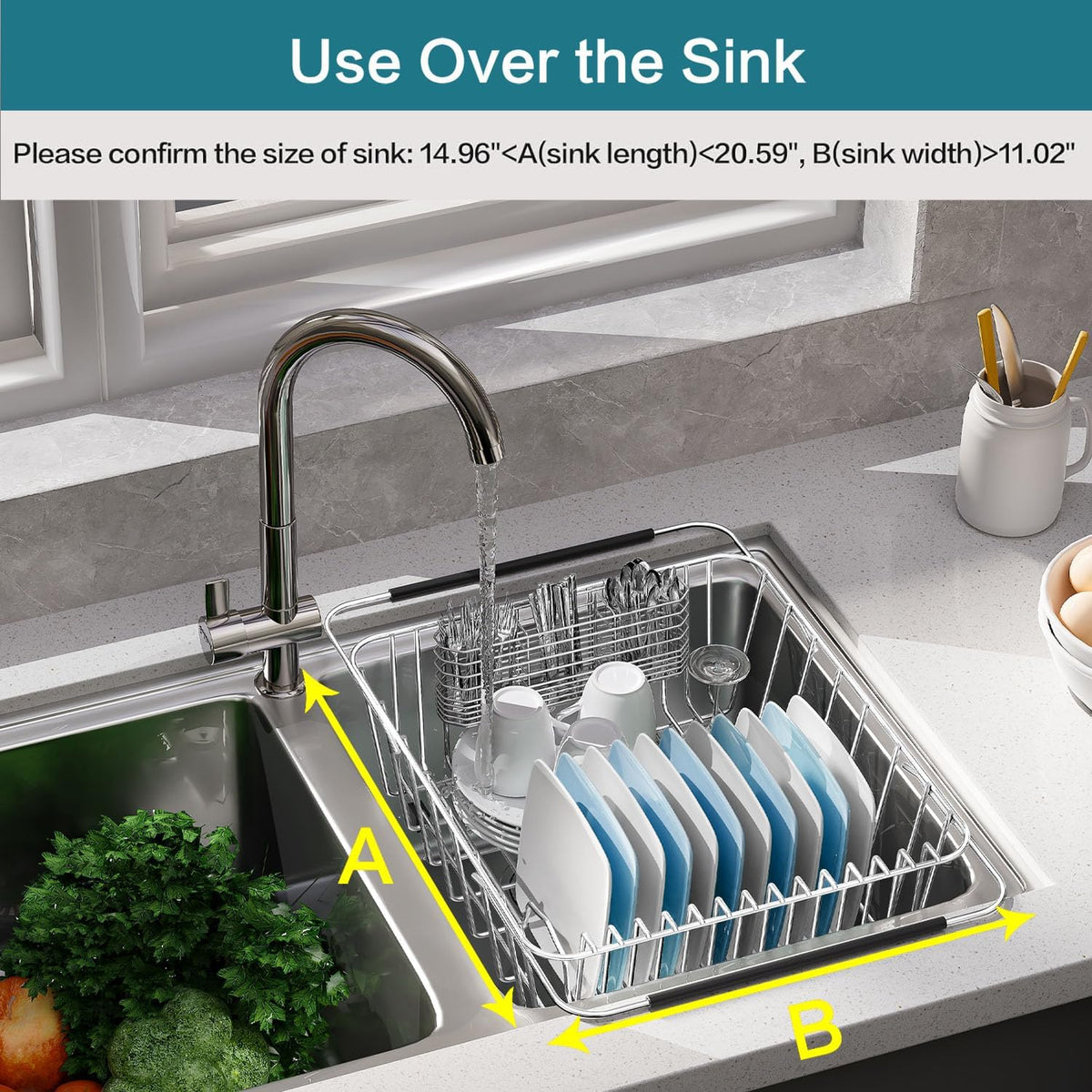 Large Dish Drying Rack in Sink Expandable, Adjustable 304 Stainless Steel Metal Dish Drainer Rack Organizer with Stainless Steel Utensil Holder Over Inside Sink Counter, Rustproof