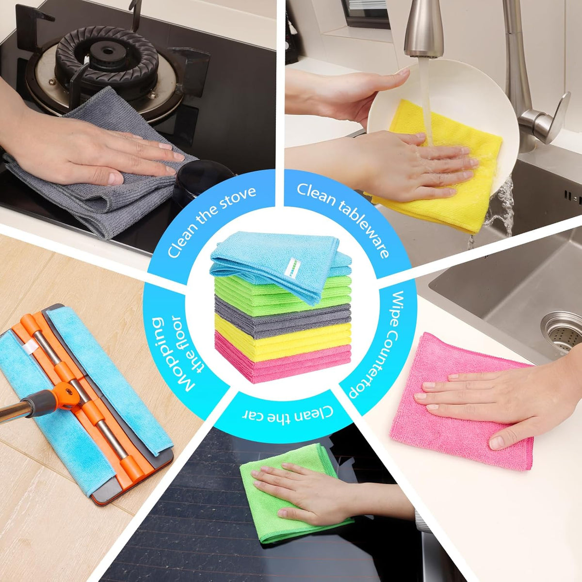 15pcs Microfiber Cleaning Cloth Lint Free, Absorbent, Streak Free, Non-Abrasive, Reusable and Washable，Cleaning Towels with 5 Color Assorted,11.5"X11.5"(Green/Blue/Yellow/Pink/Grey)