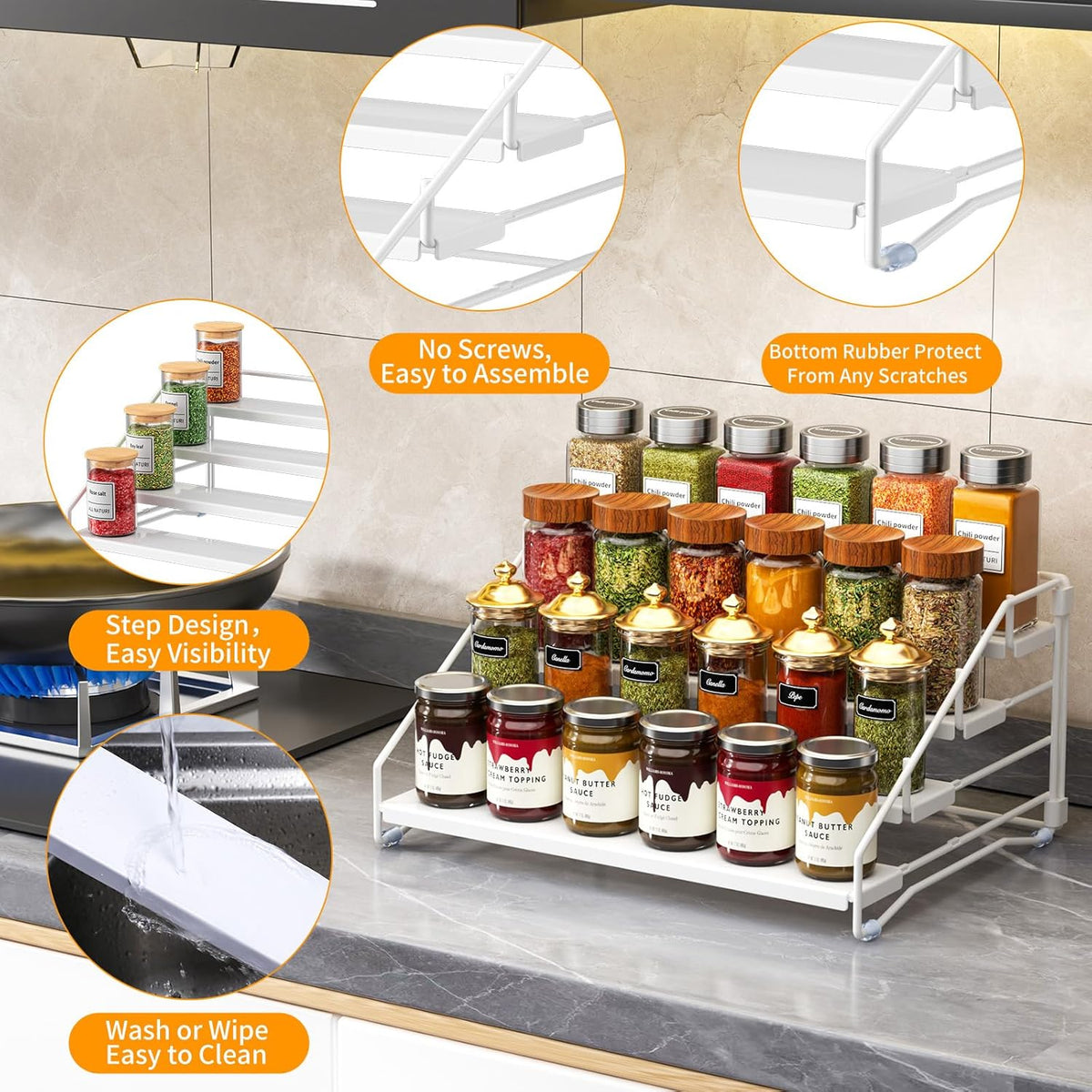 RCHYFEED Spice Rack Organizer for Cabinet, 4 Tier Spice Organization for Cabinet Depth Adjustable,Tierd Spice Rack Seasoning Organizer for Kitchen Countertop Pantry, Metal(1 Pack)
