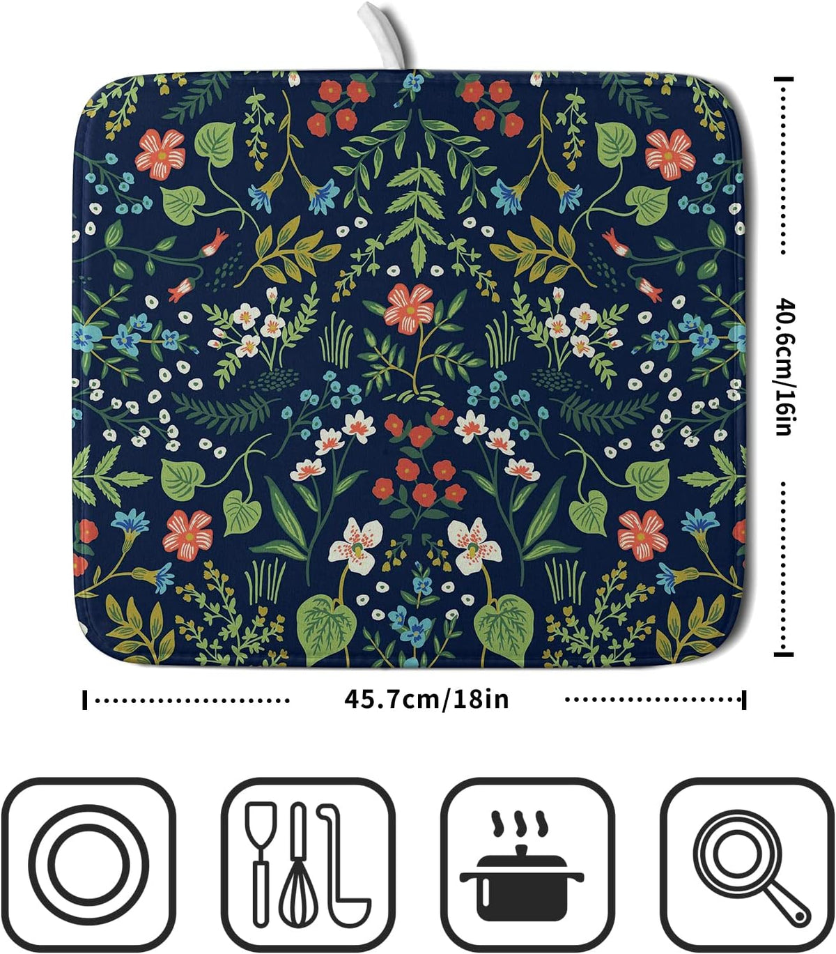 Flower Floral Dish Drying Mat 18x24 inch Microfiber Navy Blue Drying Mats with Hanging Loop Absorbent Green Leaves Dish Drainer Mat Reversible Flowers Drying Pad for Kitchen Counter Sink