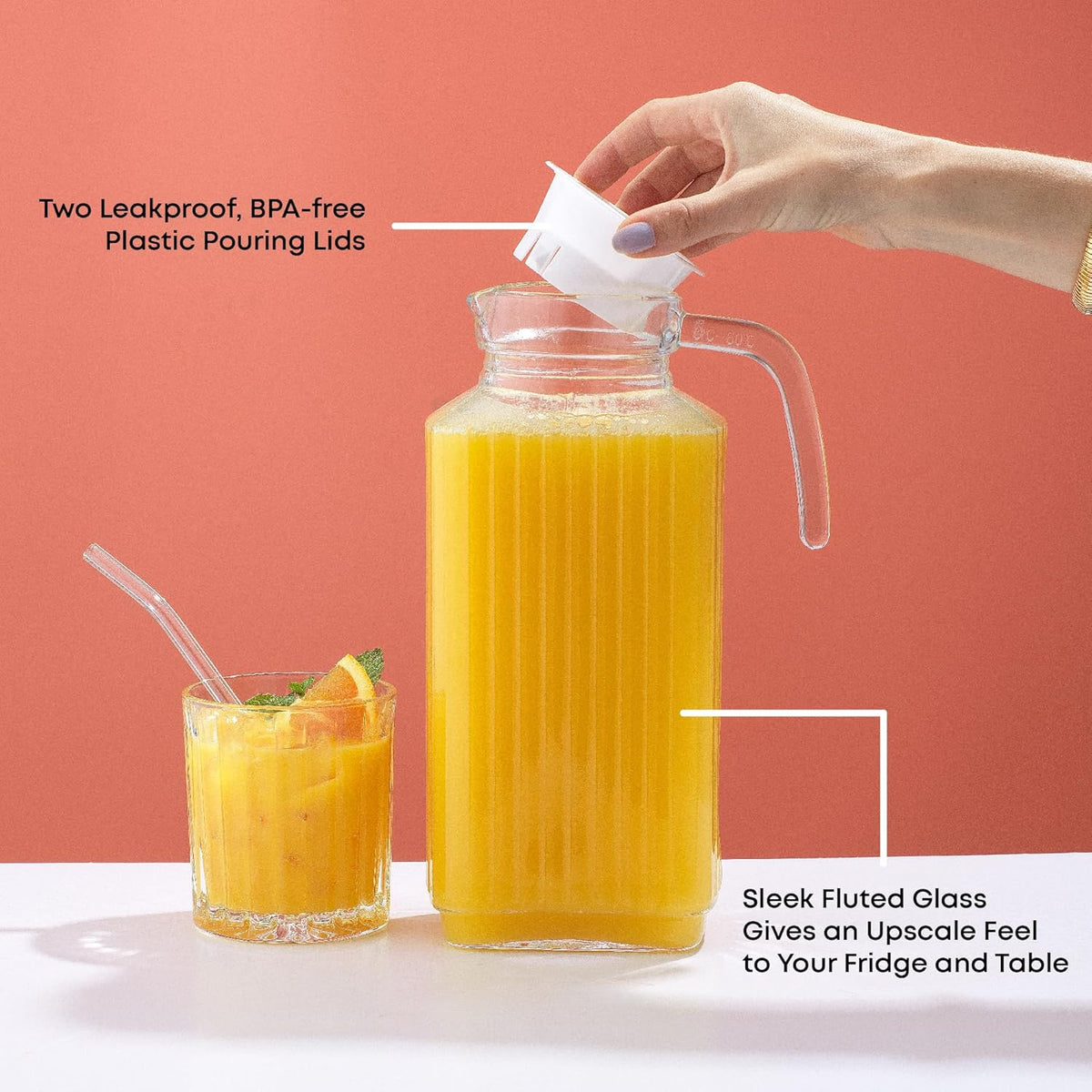 JoyJolt 60oz Glass Pitcher with Lid (2 Lids) - Beverage Serveware and Storage Container for Cold Drinks and Liquids. Juice Container, Water Jug, Fridge Pitcher for Iced Tea or Milk