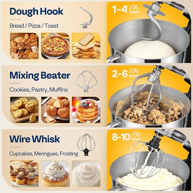VIVOHOME Stand Mixer, 660W 10 Speed 6 Quart Tilt-Head Kitchen Electric Food Mixer with Beater, Dough Hook, Wire Whip and Egg Separator, Black
