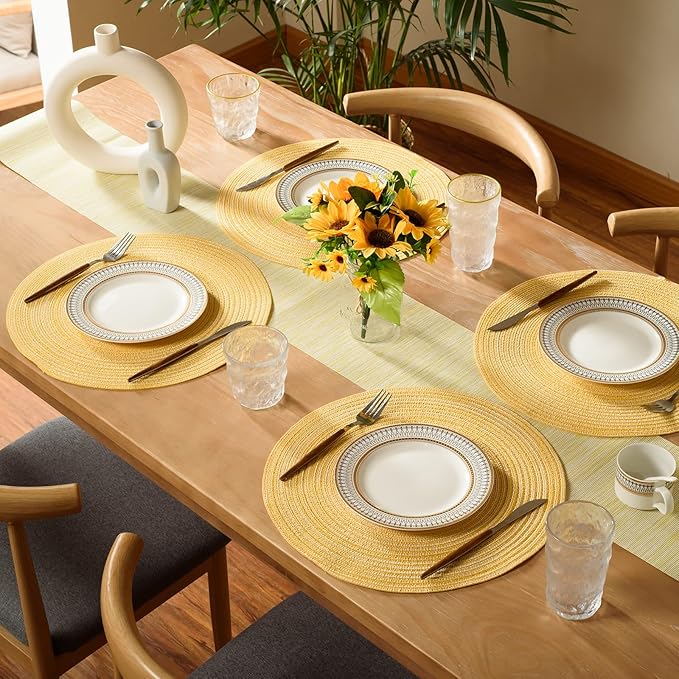 FunWheat Round Braided Placemats Set of 6 Place mats for Dining Tables Woven Heat Resistant Table Mats 15 inch (Yellow)