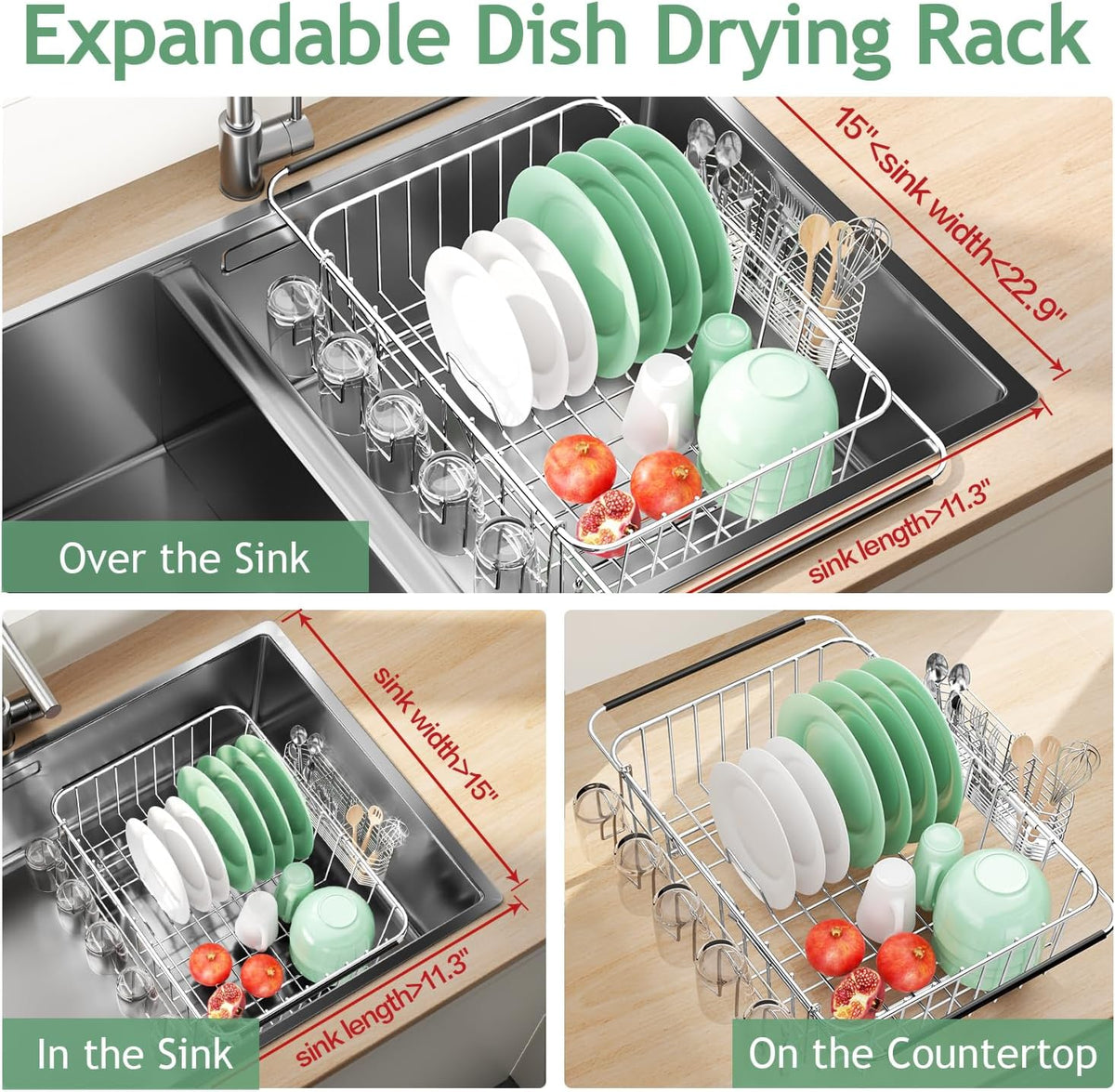 Dish Drying Rack in Sink, Extendable Stainless Steel Dish Drainers for Kitchen Counter, Anti-Rust Dish Dryer Rack with Utensil & Cup Holders, for Inside Sink, Over The Sink