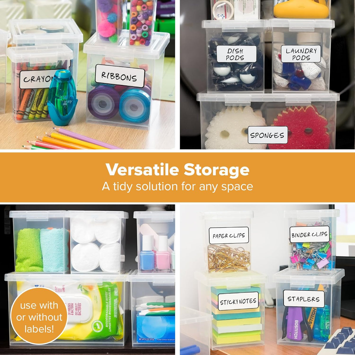 Bostitch Konnect Storage Containers with Lids, Organizer, Clear Plastic Box, Stackable Nesting Bins, Medium, 2 Pack
