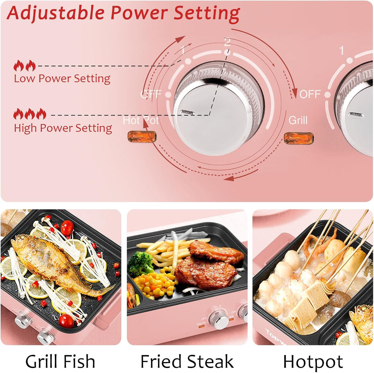 Topwit Hot Pot Electric with Grill, 2 in 1 Indoor Non-stick for Steaks, Shabu Shabu, Noodles, Simmer and Fry, Korean BBQ Grill, Independent Dual Temperature Control, Pink