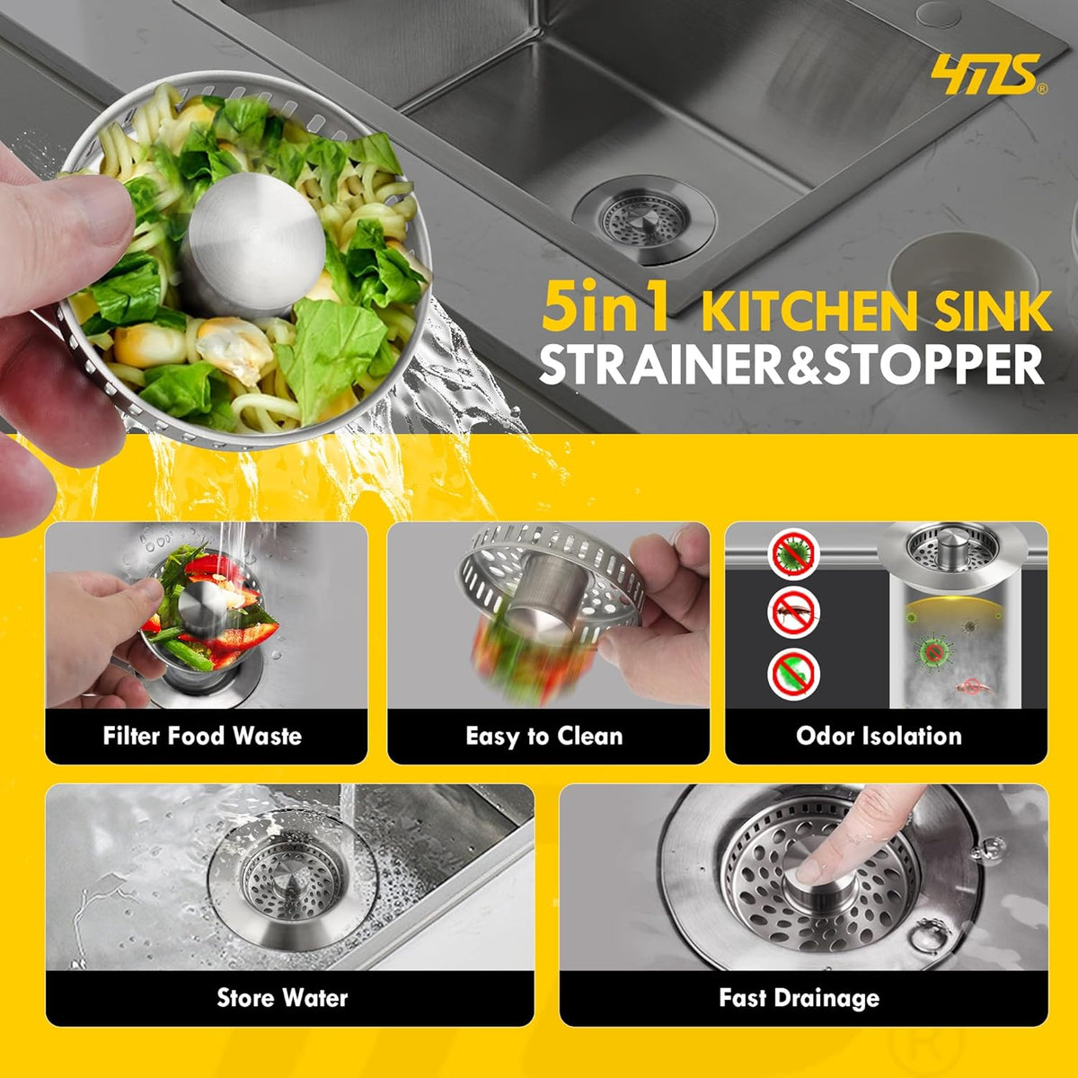 5-in-1 Stainless Steel Sink Aid, Kitchen Sink Drain Strainer Food Catcher, Popup Kitchen Sink Stopper & Odor Filter, Kitchen Sink Strainer Accessories with Drain Basket (Classic Brushed)