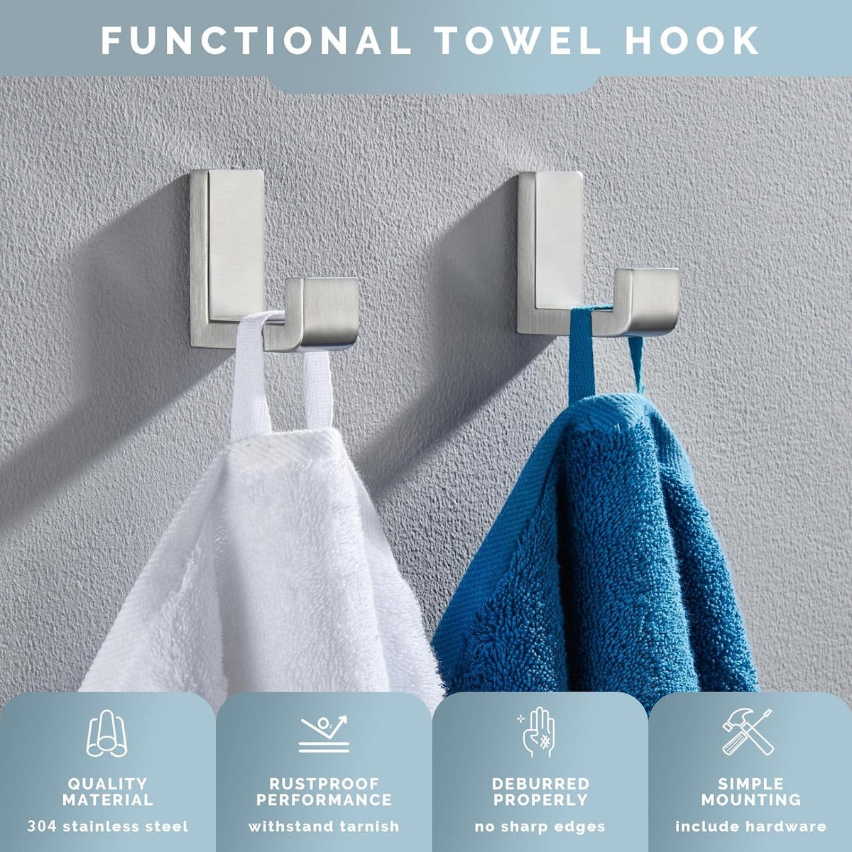 Angle Simple Bathroom Towel Hooks, SUS 304 Stainless Steel Compact Robe Coat Hooks for Wall, Brushed Nickel, 2 Pack