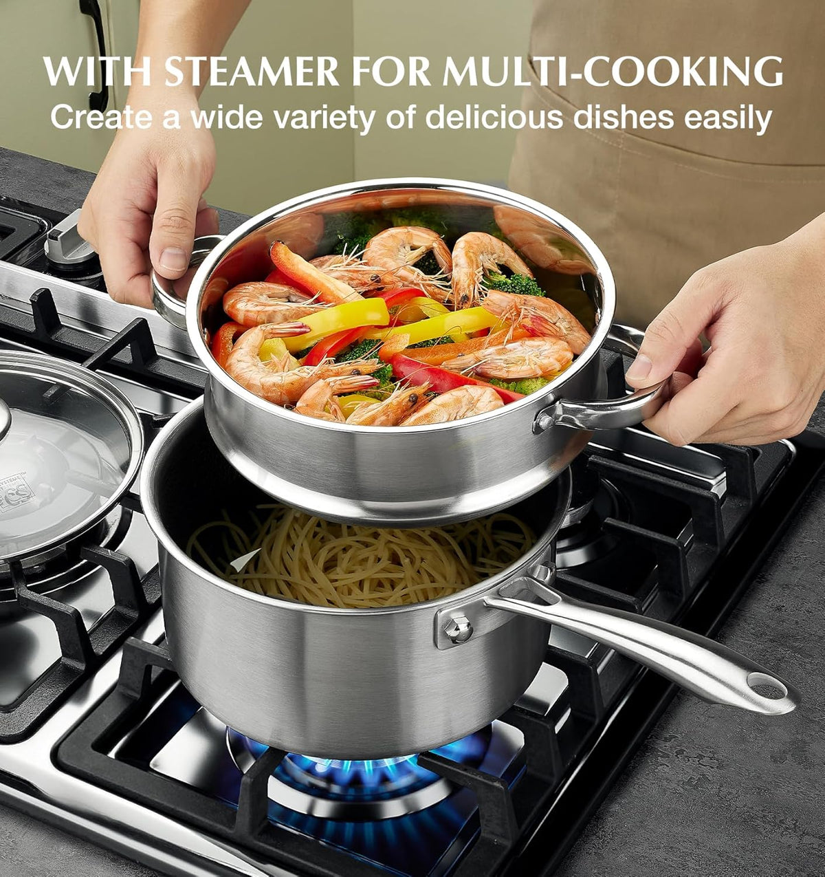 KOCH SYSTEME CS Hybrid Nonstick Stainless Steel Saucepan Set with Steamer Insert, 7PCS Triply Stainless Steel Pot Set 1Qt, 2Qt & 3Qt, 18/10 Steel Sauce Pan Set with Lids, Induction & Oven Safe