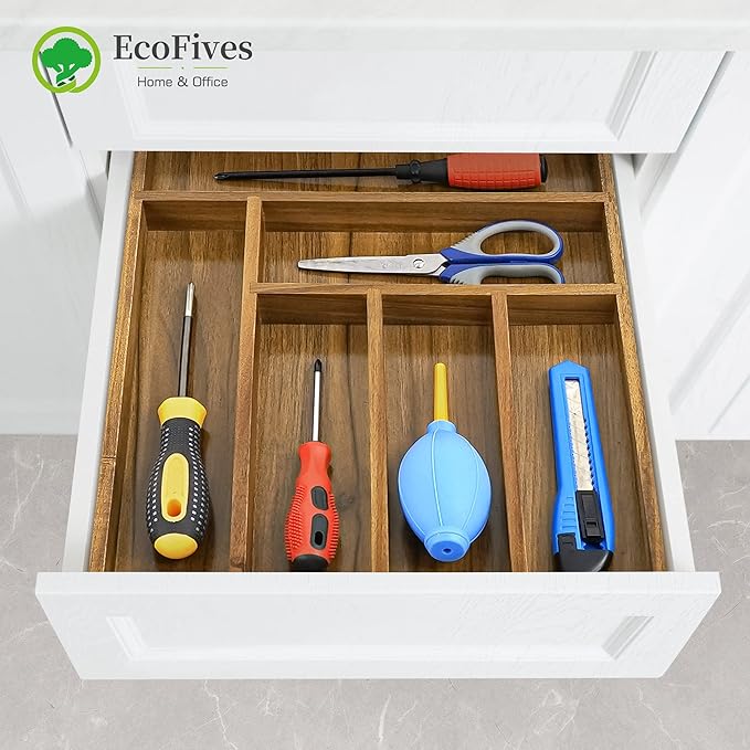 Luxury Acacia Kitchen Drawer Organizer - Silverware Organizer - Utensil Holder and Cutlery Tray with Grooved Drawer Dividers for Flatware and Kitchen Utensils (6 Slot)
