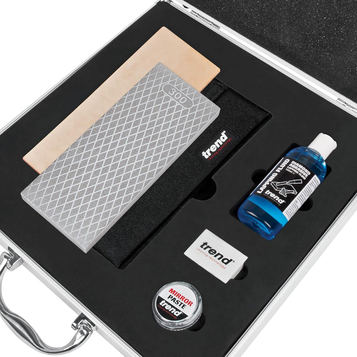 Trend Essential Diamond Sharpening Kit with 300/1000 Grit Bench Stone, Lapping Fluid, Leather Strop, Honing Paste, Cleaning Block & Sharpening Solutions Guide, DWS/KIT/H