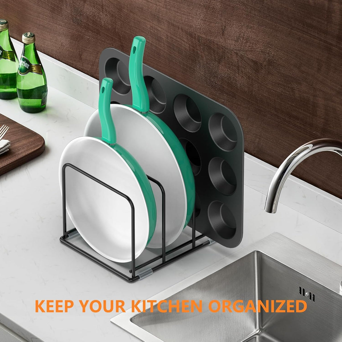 Kitchen Cabinet Organizer - Steel Cookware Rack, Divided Holder with 3 Slots for Skillets, Baking Tray and Chopping Board - Pan Storage (2.2 Inch Width Slots)