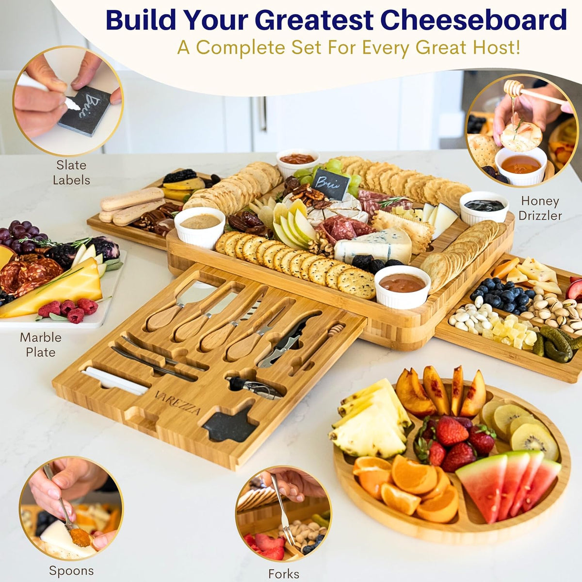 Extra Large Charcuterie Boards Gift Set: Marble Bamboo Cheese Board Set- Unique for Mom, 23 Entertaining Accessories, Wedding Gifts for Couple, House Warming Gifts New Home