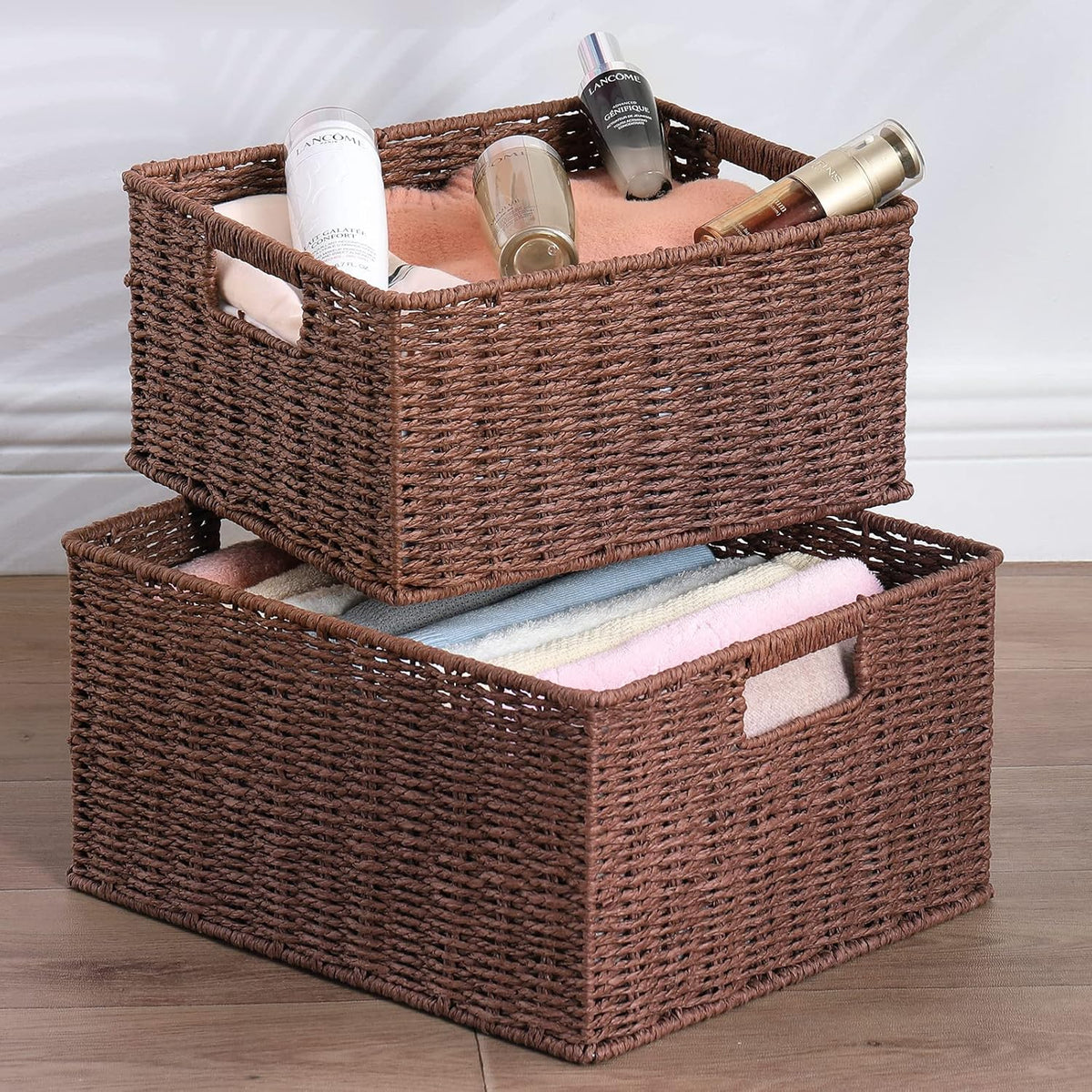 HOONEX Large Woven Storage Baskets, Paper Rope With Sturdy Metal Wire Frame, for Shelves, Set of 2, Dark Brown