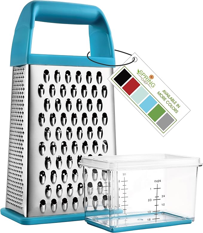 Spring Chef Professional 10" Parmesan Cheese Grater With Container, Stainless Steel & Soft Grip Handle, 4 Sided Kitchen Cheese Shredder Handheld Box Grater for Vegetables, Carrot, Ginger - Aqua Sky