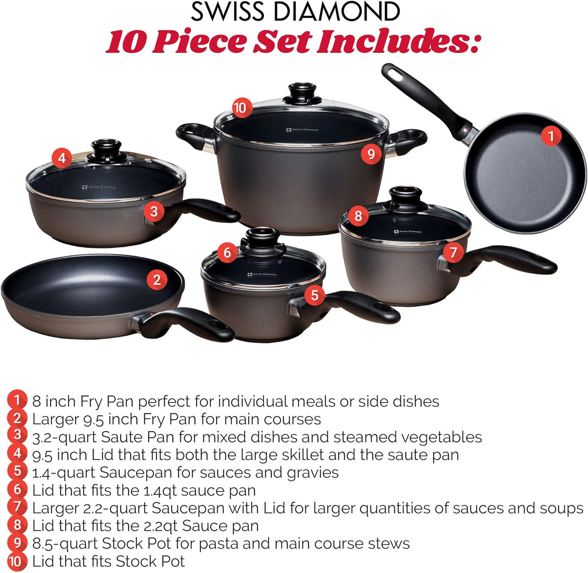 Swiss Diamond 10 Piece Nonstick Cookware Set - Diamond Enforced Aluminum Non Stick Pots and Pan Set, Dishwasher Safe and Oven Safe Pans Set, Grey