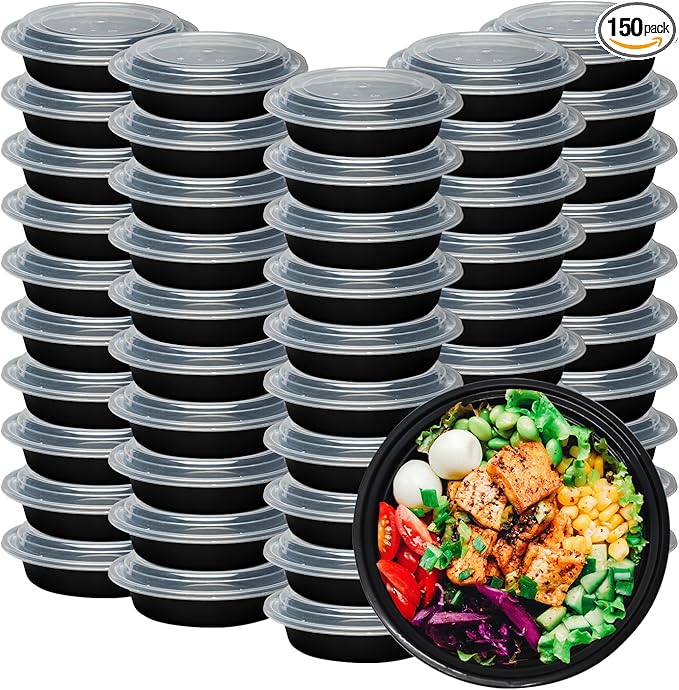 Klex 48 Oz, 150 Sets Meal Prep Containers with Airtight Lids, BPA Free, Reusable Plastic Food Container, 48 oz, Round, Black/Clear, 150 Sets