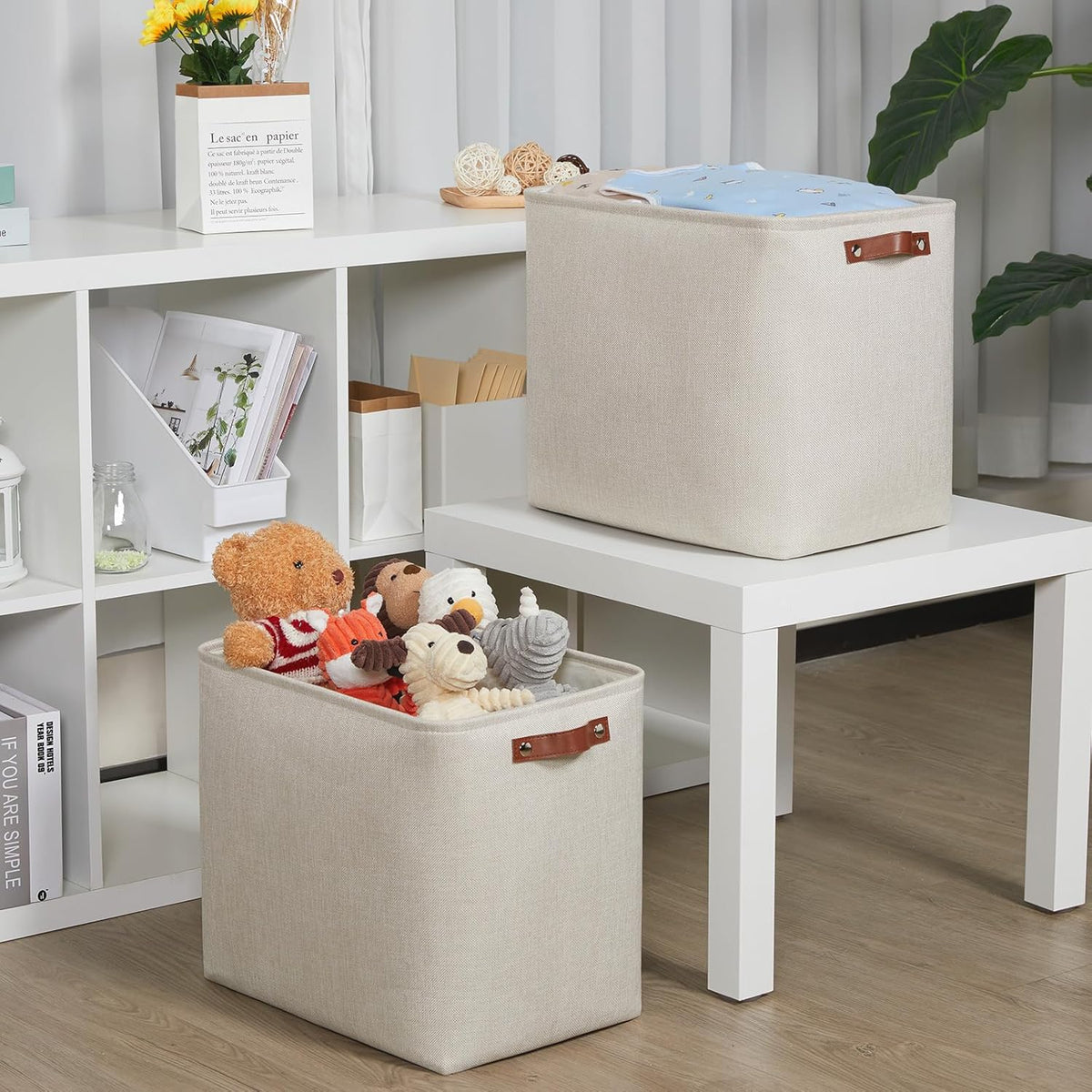 DULLEMELO Extra Large Storage Baskets, Fabric Storage Bins for Organizing Shelves Nursery Toys Books, Closet Baskets and Bins with Handles, Beige, 2-Pack