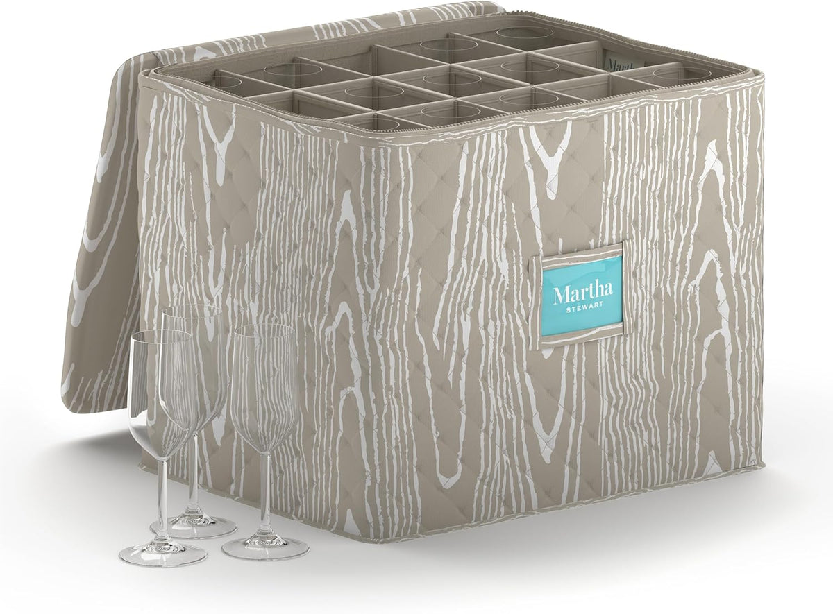 Martha Stewart Dinnerware Stemware Glassware Stackable Organizer Home Storage Container Case, Set of 2 Goblet Stemware Storage Organizers With Removable Fabric Dividers, Skyland Faux Bois
