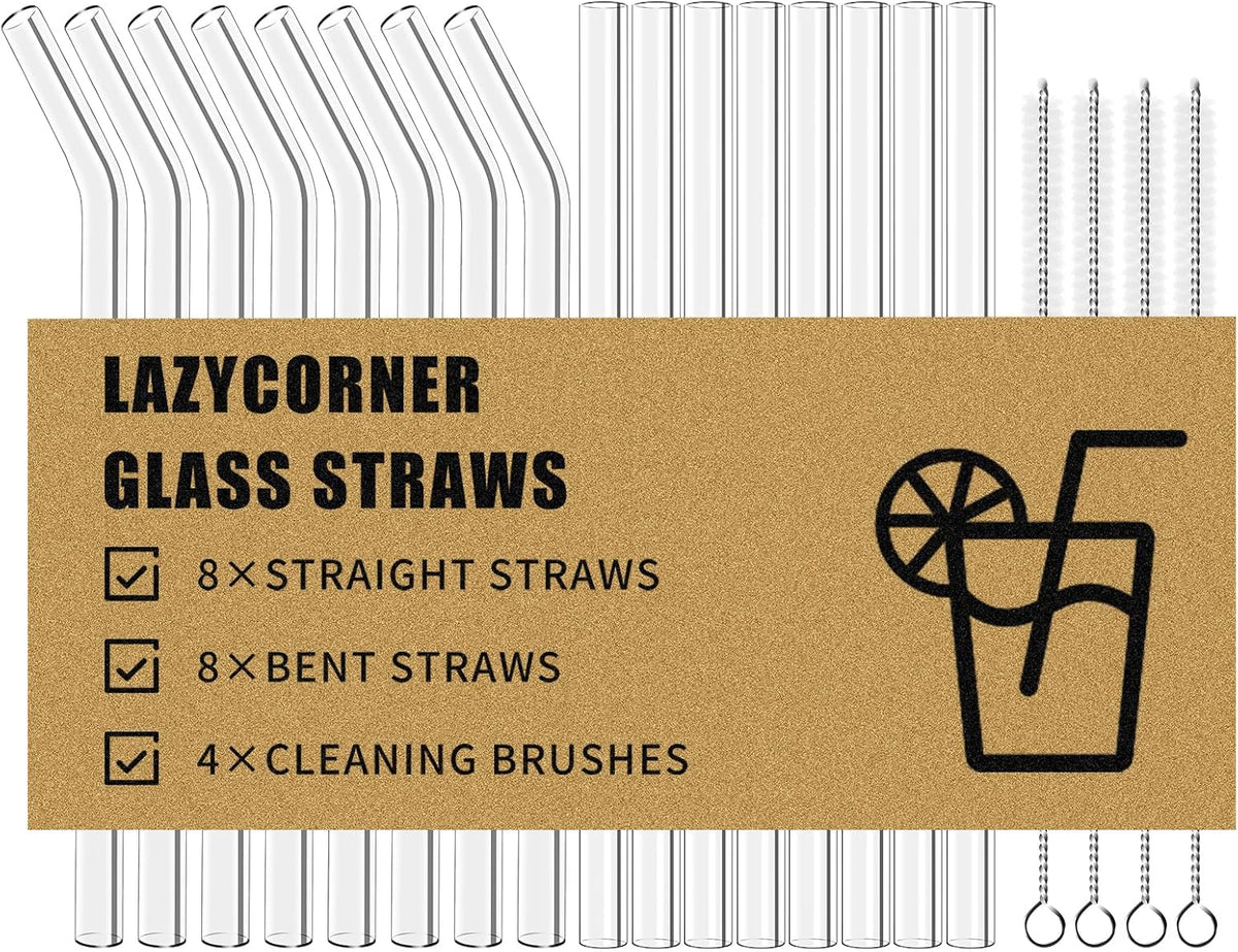 Lazycorner Reusable Glass Straws Set 16 Pcs 8.5''x 10MM Bent Straight Clear Glass Drinking Straws Set of 8 Straight and 8 Bent with 4 Cleaning Brushes Perfect For Smoothies, Tea, Juice-Clear Cocktail.