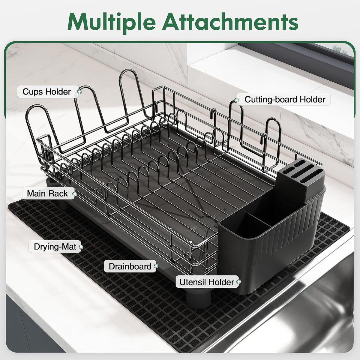 JASIWAY Stainless Steel Black Dish Drainers Drying Rack for Kitchen Counter with Drainboard, Rust Proof Metal, Space Saving, Modern Aesthetic, Compact Plates Dryer Strainers with Tray and Extra Mat