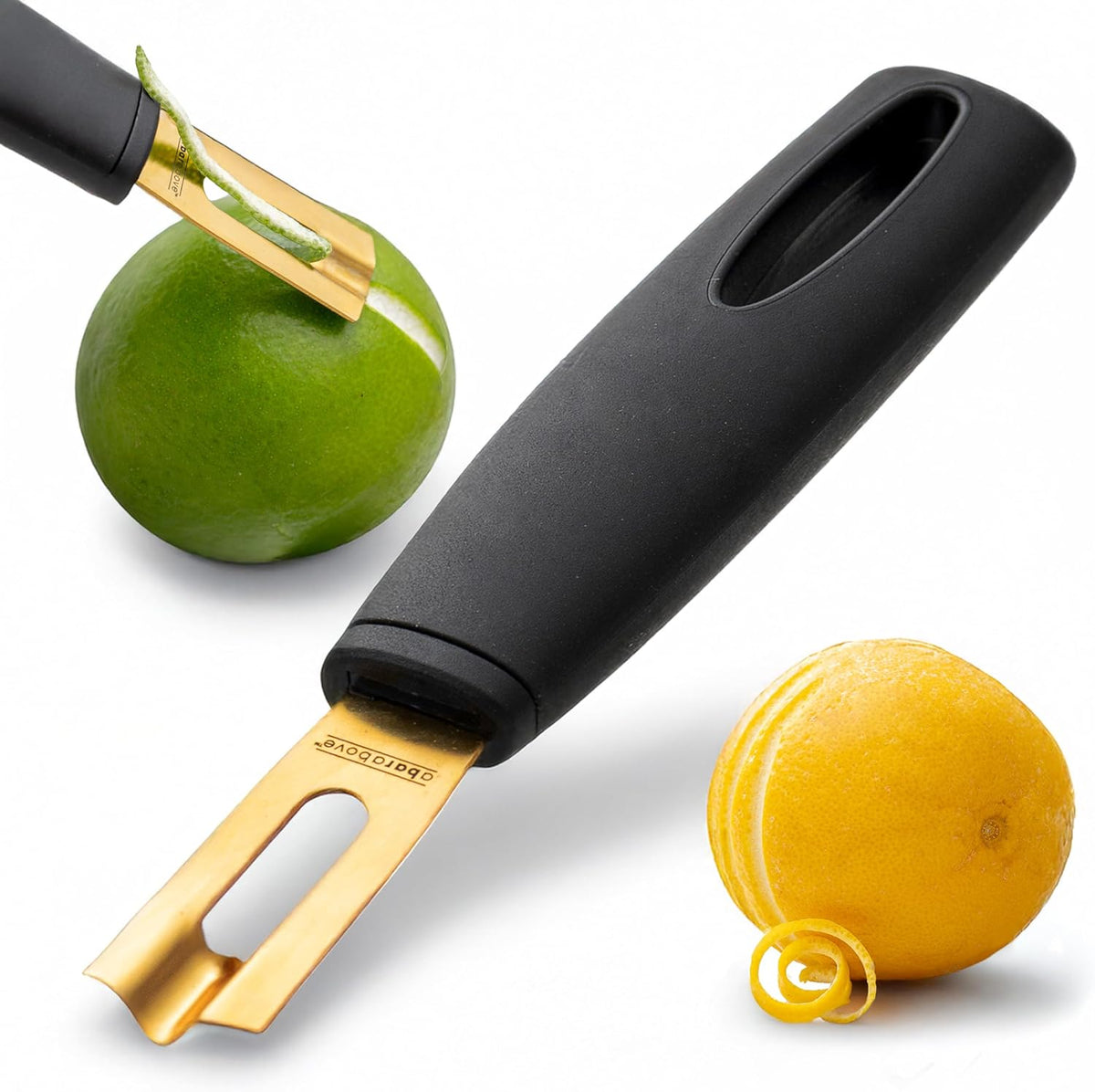 A Bar Above Black Handle Gold Blade Channel Knife, Premium Stainless Steel Garnish Tool for Cocktails, Citrus Peeler, Lemon Zester, Chef Tool for Garnishing and Drink Presentation