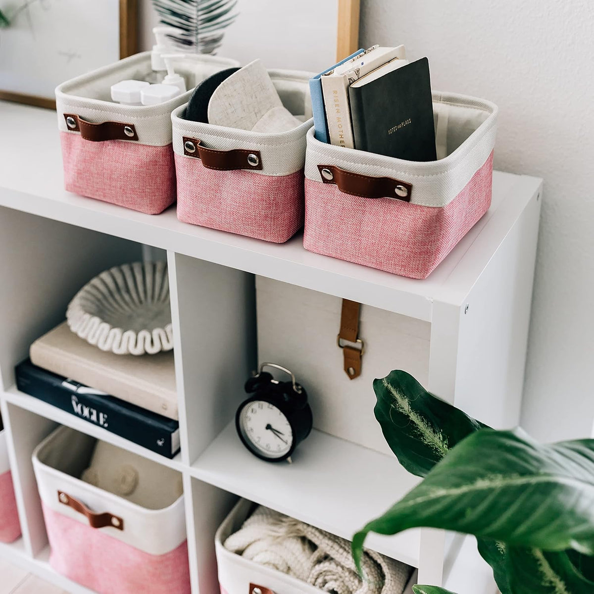 OrganiHaus Small Fabric Storage Baskets for Shelves 6 Pack, 12x8in Closet Storage Bins for Shelves, Cloth Baskets for Organizing, Linen Closet Organizers, Fabric Basket, Pink/White