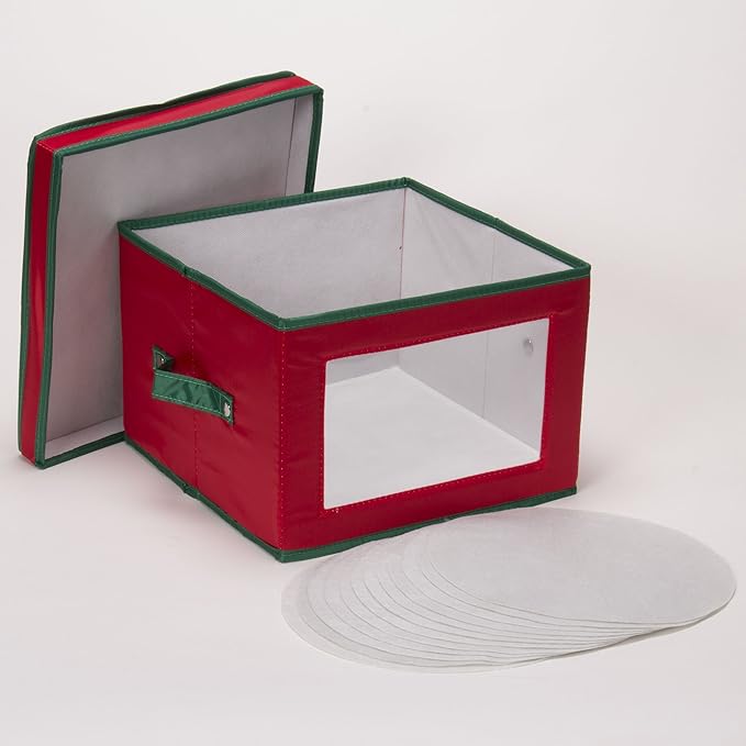 Household Essentials 536RED Holiday China Storage Chest with Lid and Handles | Dinner Plate | Red Canvas with Green Trim