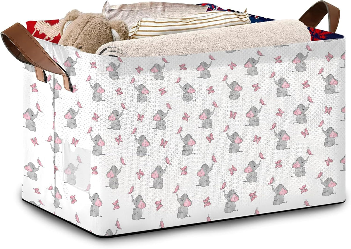 Foldable Collapsible Storage Bin with Elephant & Butterfly Pattern-17x11.5x10.5 Inch Organizer Basket for Nursery, Kids Room, Closet, Toy Storage-Single Pack, Space-Saving Home Decor